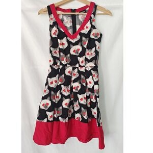 Retrolicious Fit and Flare Dress Black Cat Heart Eyes Red VNeck Sleeveless Small